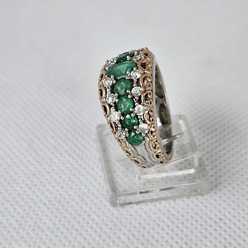 Gems en Vogue Grizzly Emerald & Zircon Palladium Sterling Silver 18k Ring Sz 8! - Picture 8 of 13